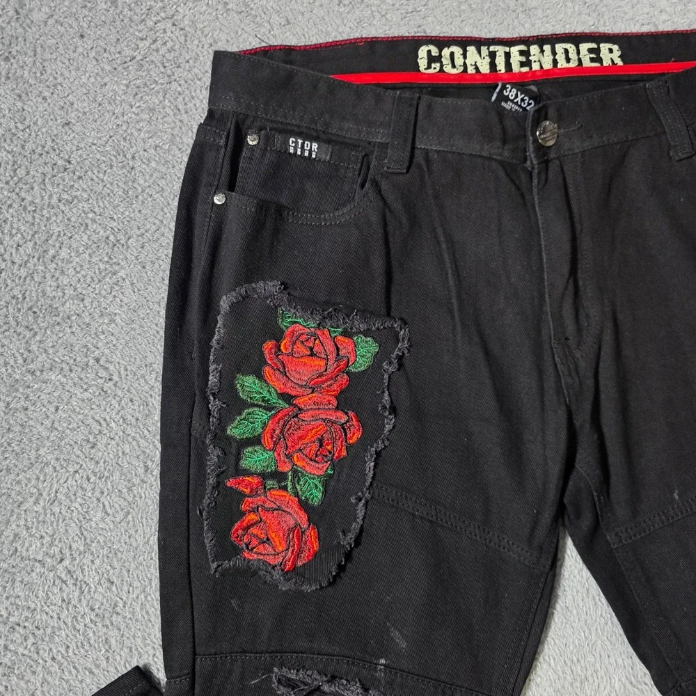 Contender Mens 38x32 Denim Pants Black Distressed Rose Graphic Streetwear Moto